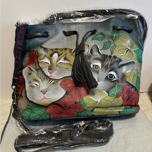 NWT Anuschka Hand Painted Leather‎ Shoulder Crossbody Hand Bag Kittens Cats